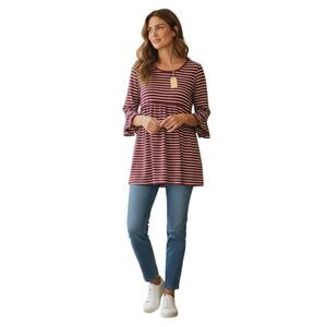 Jodifl Burgundy Striped Ruffled Bell Sleeve Bohemian Casual Knit Tunic Top